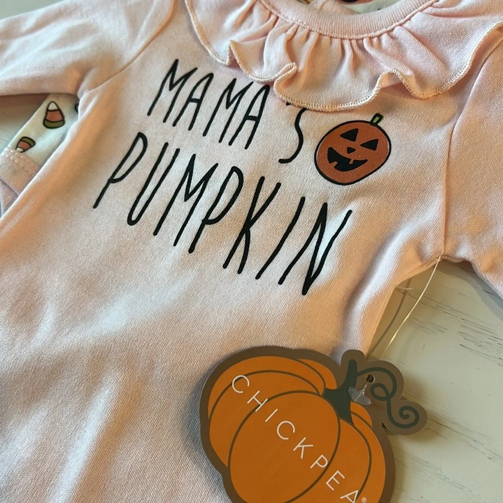 🎃 Chickpea Mama’s Pumpkin Set of 2 Bodysuits Hair Bow 6-9 months - Picture 2 of 5